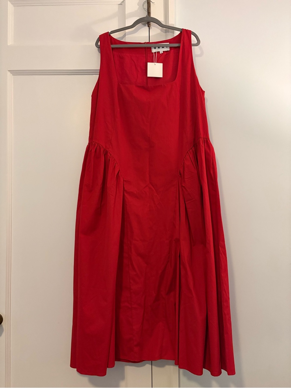 Sleeveless Bright Red Midi Dress with Gathered Side Panels